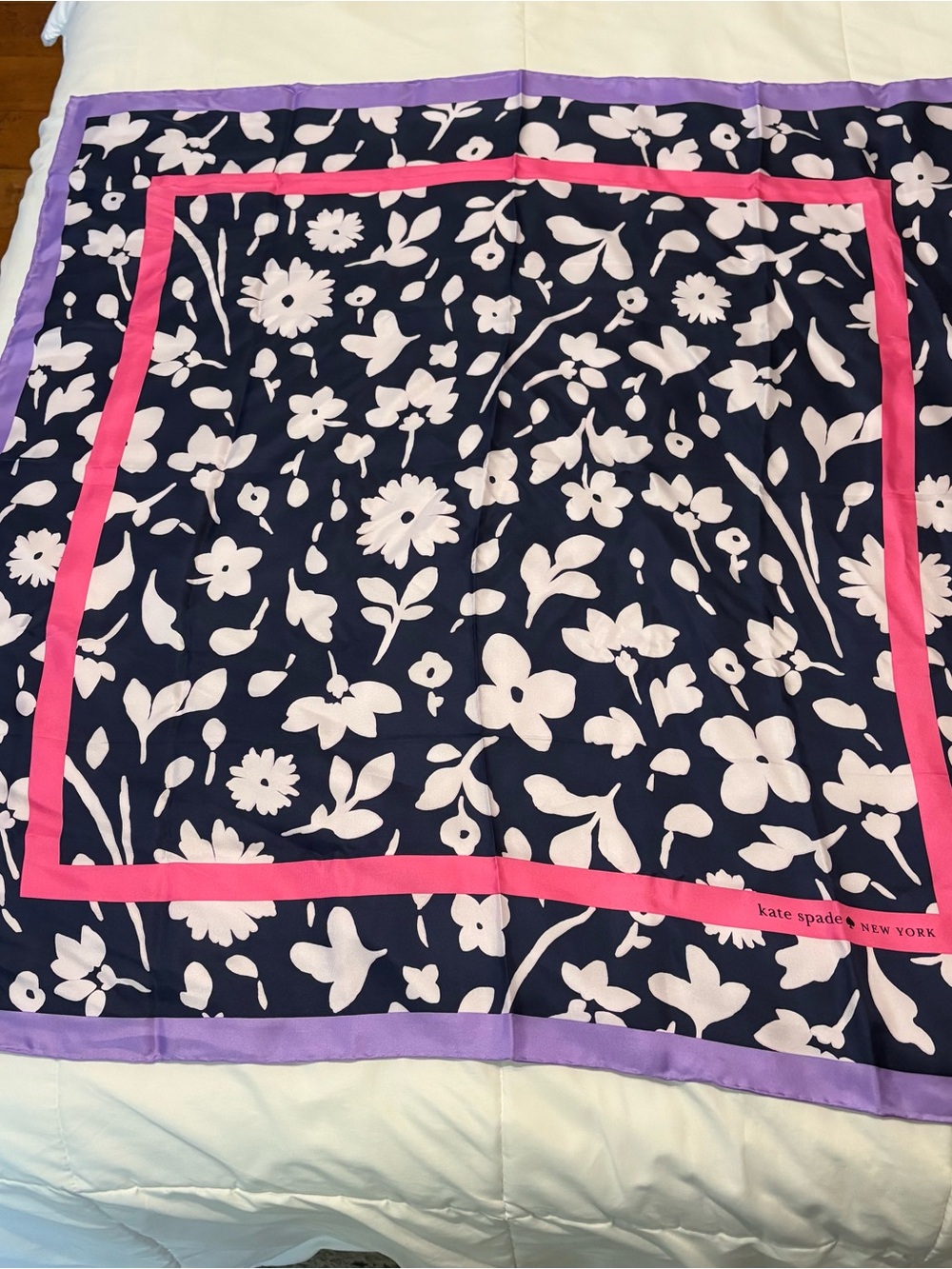 Kate Spade New York Floral Medley Silk Square Scarf Navy Pink 33.5x33.5